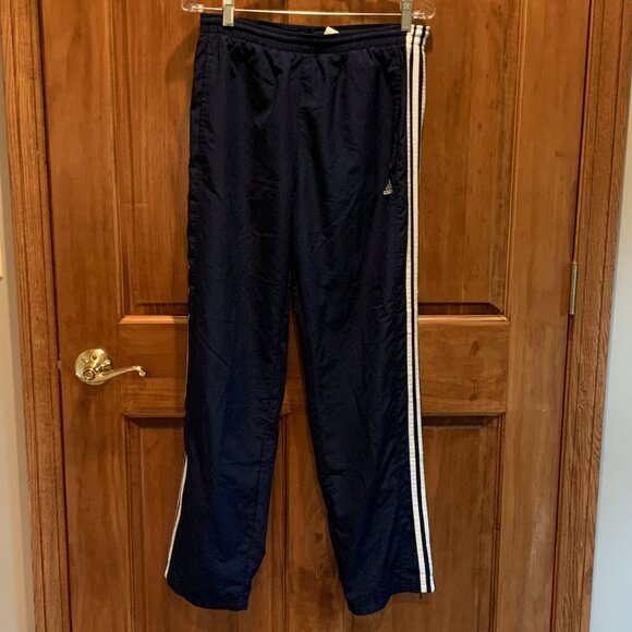 MEN'S CLASSIC ADIDAS 3 STRIPE WINDBREAKER TRACK PANTS, SIZE SMALL, NAVY/WHITE - Picture 1 of 5